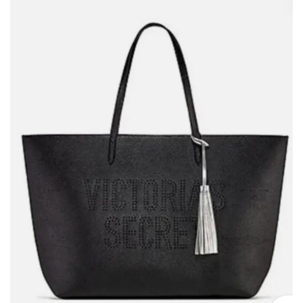 NWT VICTORIA'S SECRET TOTE BAG BLACK SILVER TASSLE WEEKENDER PURSE
